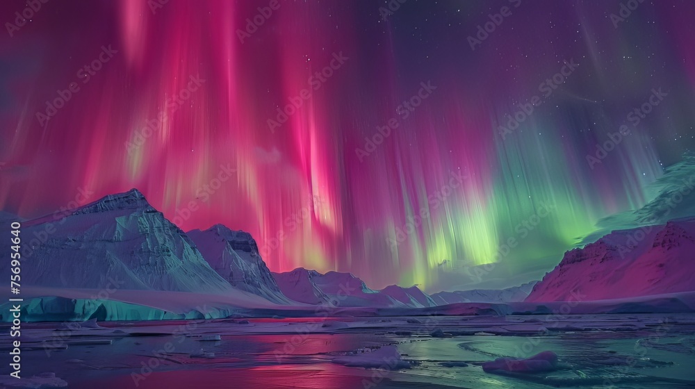 Fototapeta premium The Northern Lights, or Aurora Borealis, are captivating displays of colorful lights in the polar skies, caused by solar particles interacting with Earth's atmosphere.