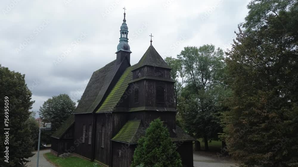 old medieval catholic church wooden construction in tree aerial dolly old medieval catholic church wooden construction in tree aerial dolly