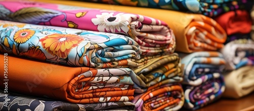 A colorful pile of fabrics stacked at an art event, showcasing patterns and textures. The vibrant mix includes shades of magenta, creating a visually stunning display