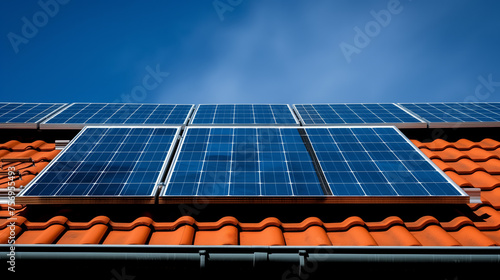 Solar panels installed on a house roof against a blue sky. Ai generative illustration