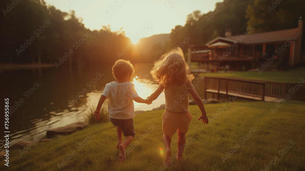 Two children running on a lawn near a house during summer. Ai generative illustration Two children running on a lawn near a house during summer. Ai generative illustration
