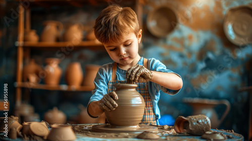 A child is fully engrossed in pottery, shaping a ceramic piece on a wheel, surrounded by clay and more ceramic works. Generative AI