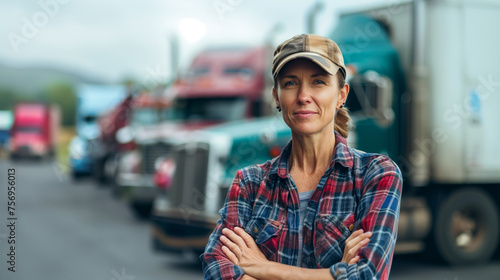 A confident driver stands in front of a fleet of trucks, showcasing the concept of safe and reliable transportation in the logistic business. Generative AI