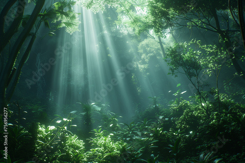 Light coming through a lush forest 