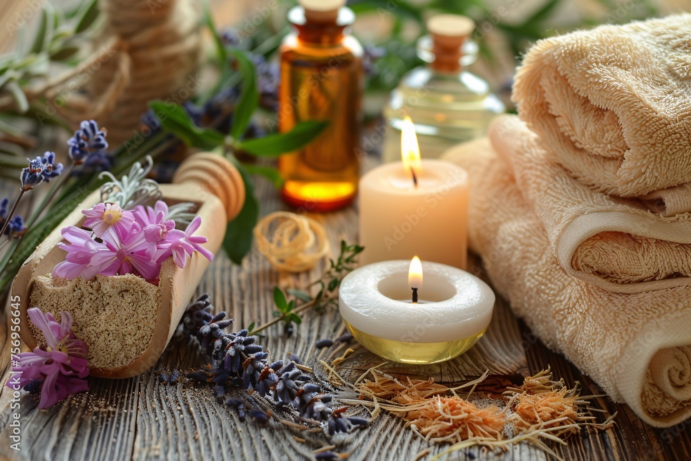 Spa relaxing still life. Towels, burning candles, herbs, essential oils on a wooden table,