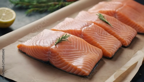 Raw salmon fillets on butcher paper