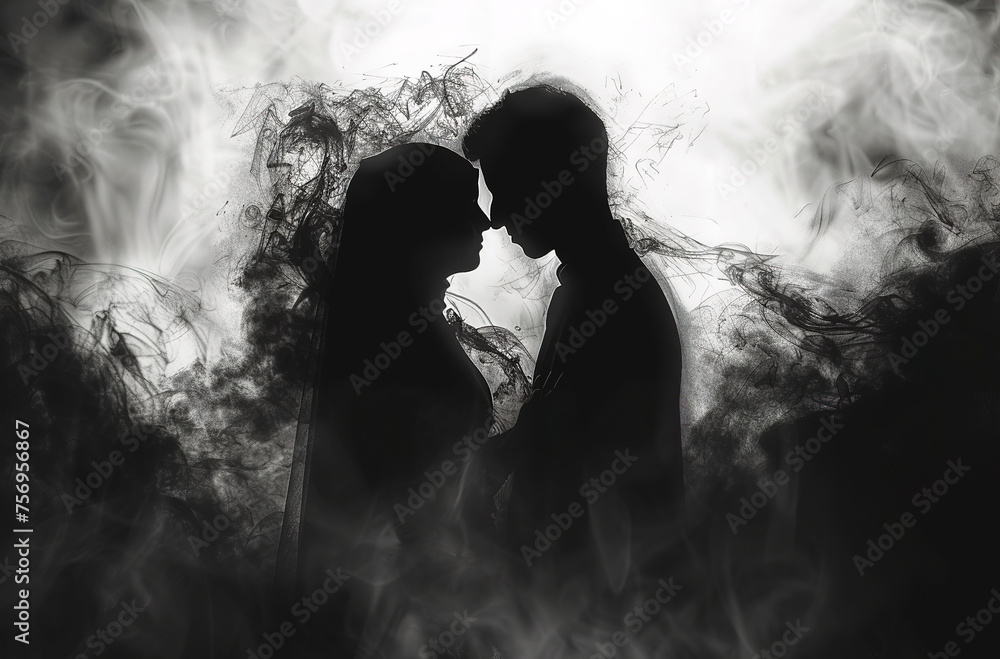Romantic couple background with smoke. Silhouette couple background