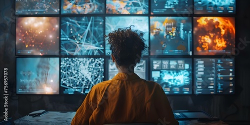 A person surrounded by various digital artworks and AI creations in class. Concept Digital Art, AI Creations, Classroom Scene, Technology, Creativity © Ян Заболотний