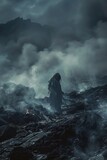 Craft a dark and atmospheric scene of a humanoid creature lurking in the smoky haze of a charred landscape.