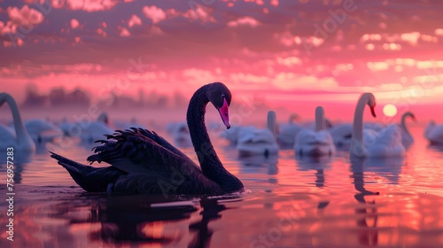 Fototapeta Naklejka Na Ścianę i Meble -  A black swan on the surface of the water among white swans. on beautiful sky. generative AI