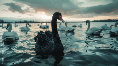 Fototapeta Naklejka Na Ścianę i Meble -  A black swan on the surface of the water among white swans. on beautiful sky. generative AI