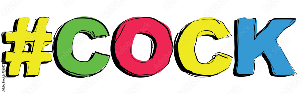 #COCK. Handwritten curved bright color text. Doodle outline of letters. Adult Hashtag COCK for social networks, web resources, mobile apps, games, t-shirts.
