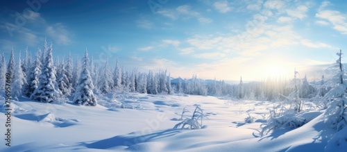 The sun breaks through the cumulus clouds over the icy forest, casting a golden glow on the snowcovered landscape and creating a stunning natural winter scene © TheWaterMeloonProjec