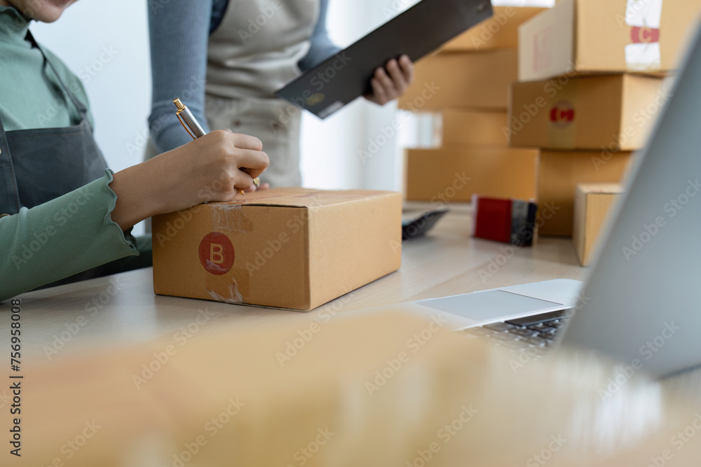 startup girl Small SME business owners work with laptop computers at work. with parcel paper boxes for delivery to customers online selling startup girl Small SME business owners work with laptop computers at work. with parcel paper boxes for delivery to customers online selling