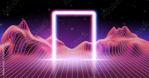 Neon synthwave game background with arch and retro grid. Cyber space retrowave abstract vaporwave with gate and aesthetic wireframe effect for mountain landscape. 1980 night disco floor with door
