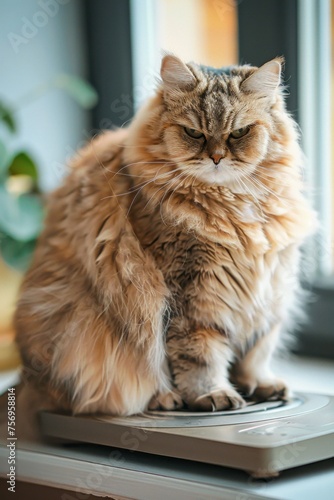 The problem of animal obesity, a pet cat suffers from excess weight at home