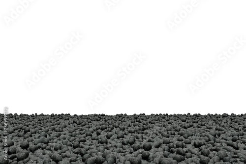 Black color pebbles rounded rocks stones perspective texture surface isolated on transparent background with empty wall png 3d rendering image