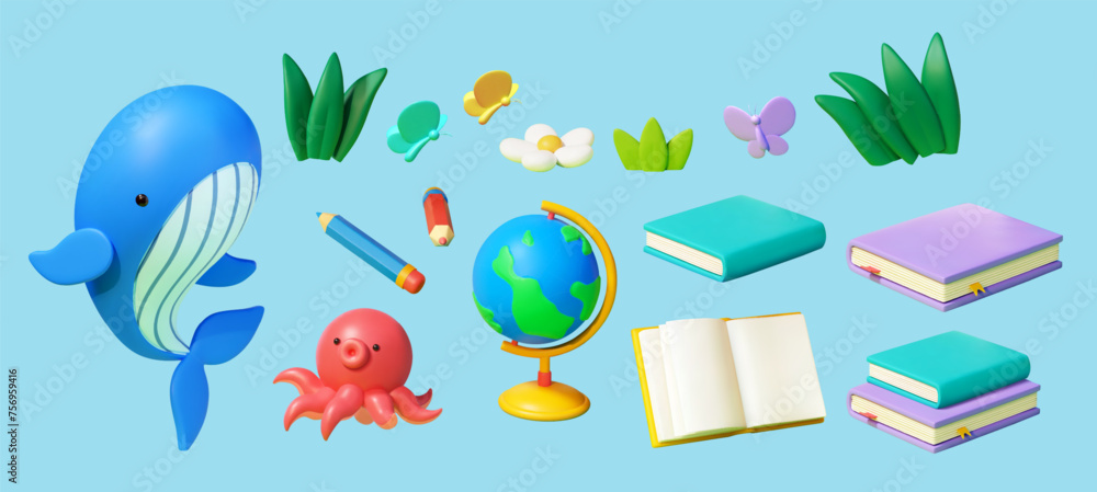 3D biology and books set