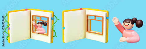 3D Girl waving and book with window