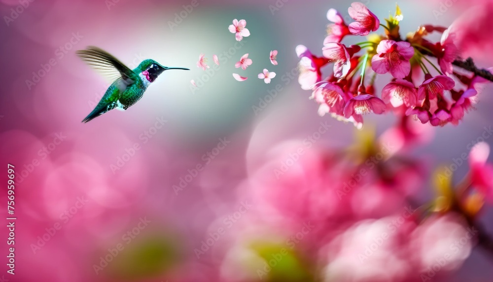 A medium shot image capturing a hummingbird hovering near a vibrant cluster of pink cherry blossoms, with some petals gracefully floating in the air.