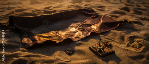 Columbus Day. A leather map lies on the sand