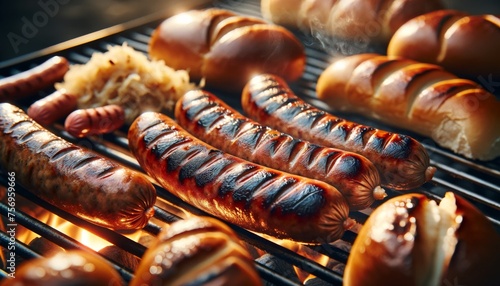A detailed, close-up image of plump sausages and bratwursts grilling with visible grill marks. photo