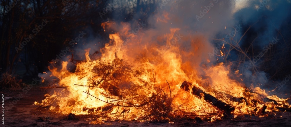 A large fire rages uncontrollably in the middle of a dense forest, engulfing trees and vegetation in flames. Smoke billows into the sky as the intense heat threatens to spread to surrounding areas.