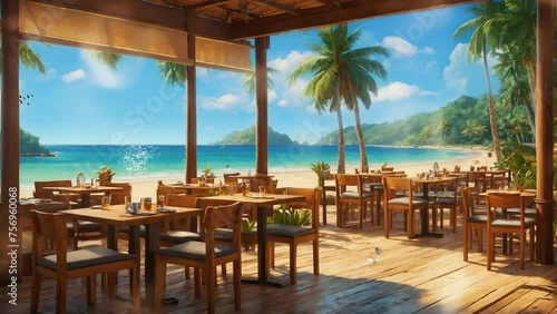 restaurants or tropical resorts on beautiful beaches. Cartoon or anime digital painting illustration style. seamless looping 4k video animation background. photo