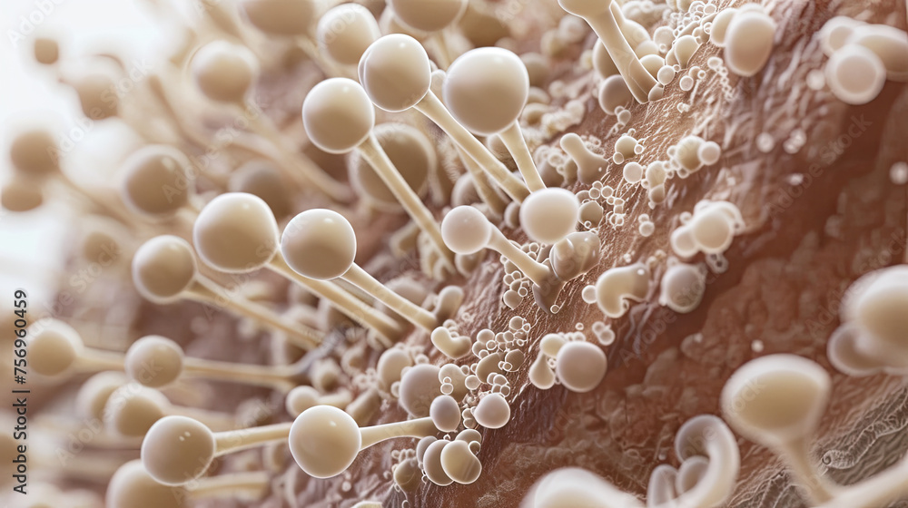 3D visualization of Aspergillus mold, detailing spore structures on food with precise focus on conidiophores, depicting spoilage process.