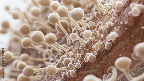Obraz na płótnie 3D visualization of Aspergillus mold, detailing spore structures on food with precise focus on conidiophores, depicting spoilage process. w salonie