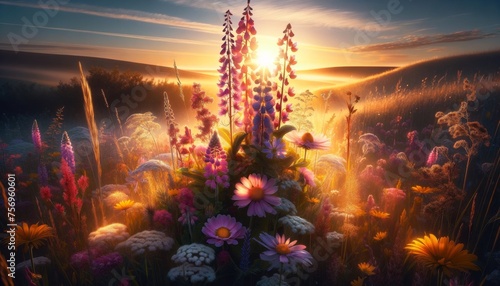 A cluster of wildflowers is highlighted in the foreground, with the early morning sun rising majestically behind them.