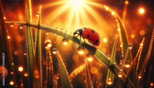 A ladybug delicately navigating the dew-covered blade of grass during the golden hour, with sunbeams filtering through in the background.