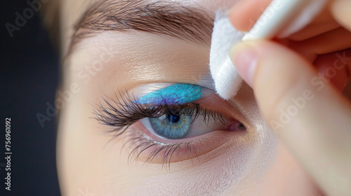 Close-up of a person using a brush to apply mascara on eyelash extensions in a beauty salon