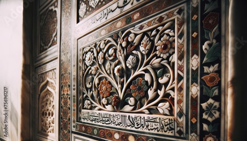 A close-up shot of the intricate marble inlay work and Islamic calligraphy that adorn the walls of the Taj Mahal, highlighting the detailed craftsmans. photo