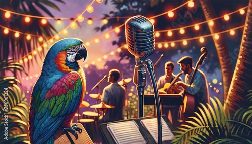 A close-up illustration of a tropical bird perched on a microphone stand with a Bossa Nova band performing in the background at an open-air venue. photo