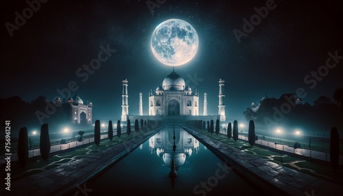 A night-time scene of the Taj Mahal under a full moon  casting a serene glow over the white marble monument with stars twinkling in the clear sky.