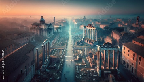 Imagine a breathtaking aerial view of the Roman Forum at dawn.