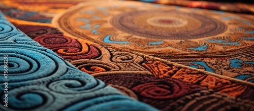An intricate pattern of aqua, electric blue, magenta and wood colors creates a visually striking design on a close up of a colorful rug. The artistry of the circle pattern adds depth to the flooring