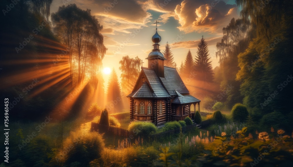 A peaceful scene of a small wooden church surrounded by nature during sunset, symbolizing tranquility and faith.