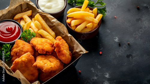 Chicken nuggets and French fries in delivery box, takeaway food concept. Rustic presentation of breaded chicken nuggets and fries. Snack time: crispy chicken nuggets with fries and dipping sauces photo