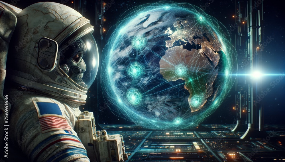 An astronaut looking at a holographic earth in space, with visible interconnected networks, representing global communication from a space perspective. An astronaut looking at a holographic earth in space, with visible interconnected networks, representing global communication from a space perspective.
