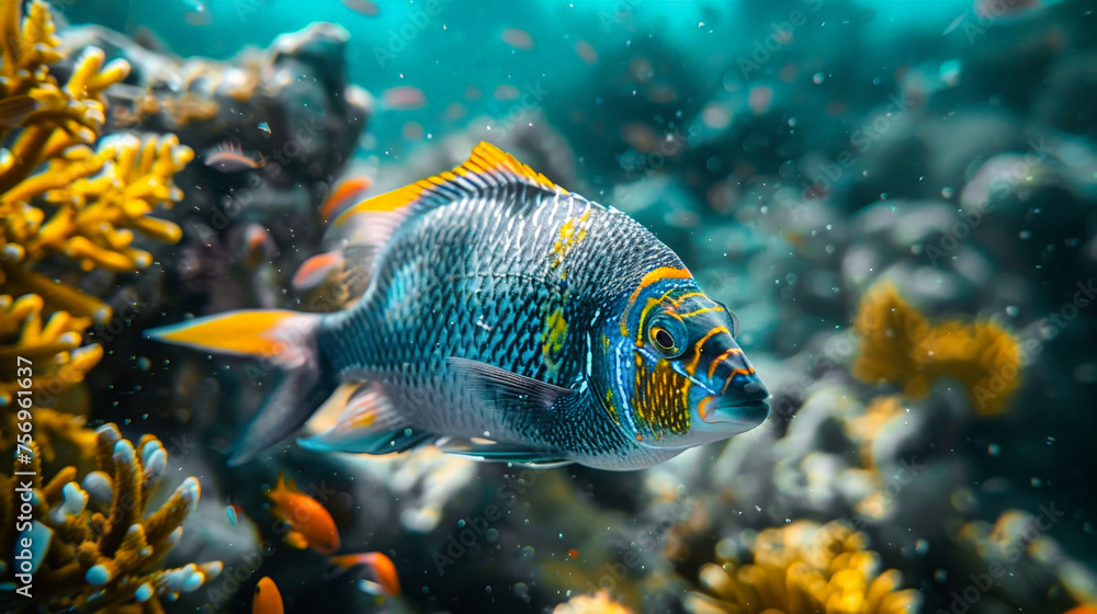 Obraz premium Blue and Yellow Fish in Coral Reef