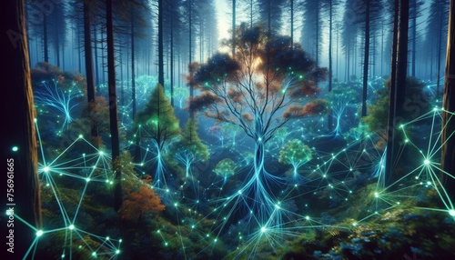 A network of trees interconnected with glowing lines, symbolizing a natural network or the interconnectedness of nature. © FantasyLand86