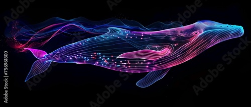 Ethereal neon whale against the void black background sets off its luminous dance © momoland