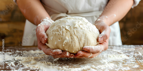 Male chef's hands hold the dough on a wooden table, top view, place for text.