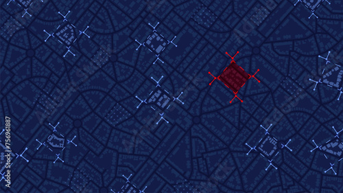 Concept of analysis, assessment of the state of city. Evaluation of various factors contribute to its overall well-being, functionality. Red highlighted commercial buildings. Vector map illustration