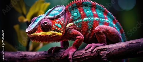 A terrestrial animal resembling a colorful dinosaur  with a snout  is perched on a tree branch. Its vivid magenta and electric blue hues reflect the beauty of wildlife in this artful scene