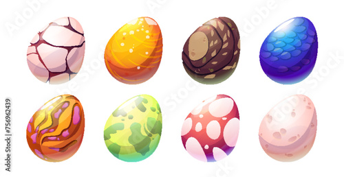 Egg dinosaur cartoon cute magic illustration set. Dragon or reptile monster isolated oval shell drawing for prehistoric fairytale game design. Spotted, cracked and green hatching nature exotic symbol