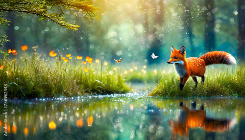 Misty forest; butterflies; water body; fox playing in the field 