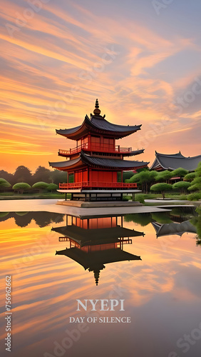 nyepi day of silence background illustration with temple sunset